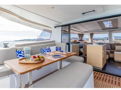 Deck of Cinséluna, a Fountaine Pajot FP 44 Maestro catamaran at Ventimiglia, Italy