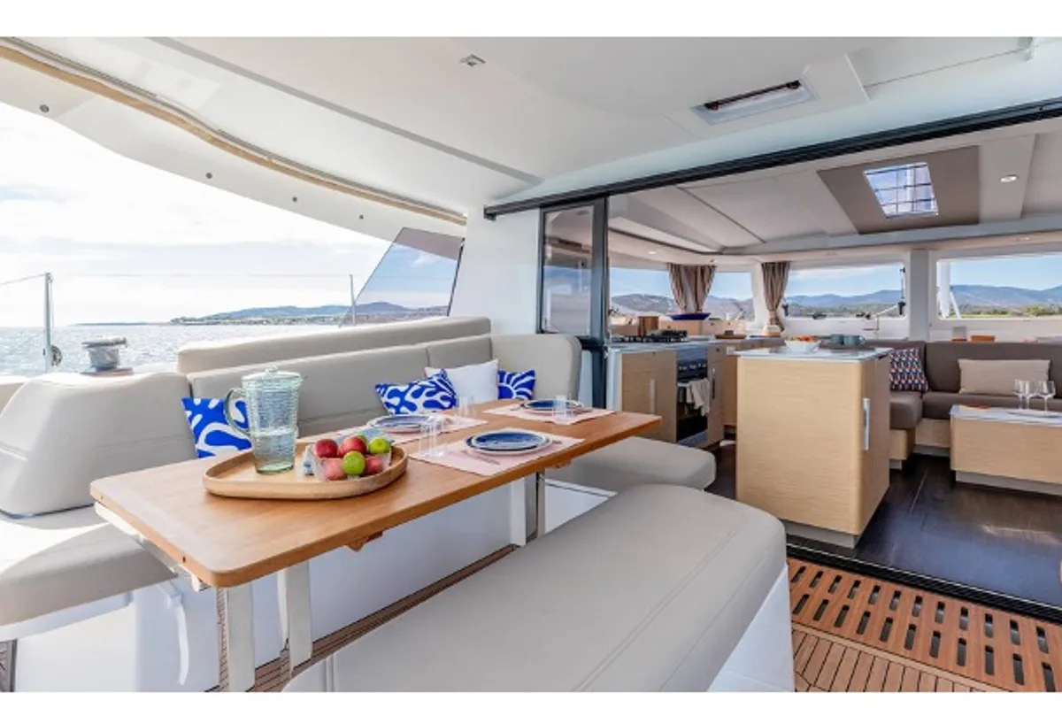 Deck of Cinséluna, a Fountaine Pajot FP 44 Maestro catamaran at Ventimiglia, Italy