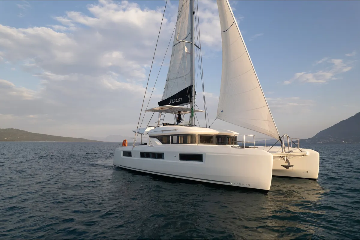 Exterior view of Andromeda, a Lagoon 50 catamaran at Municipal Unit of Lefkada, Greece
