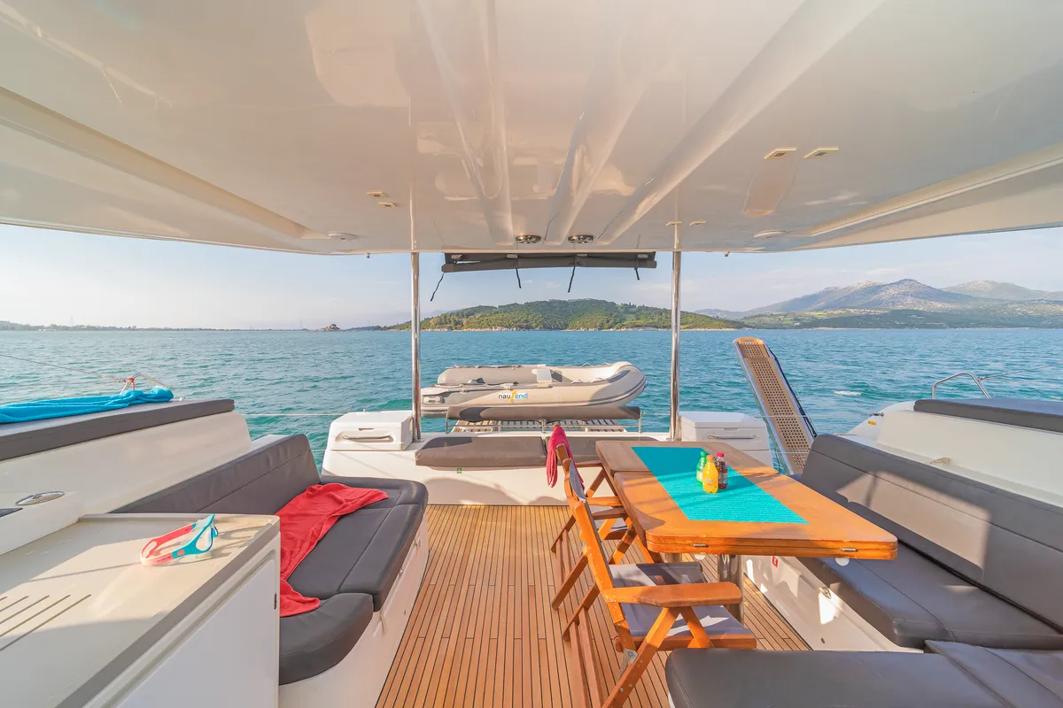 Deck of Andromeda, a Lagoon 50 catamaran at Municipal Unit of Lefkada, Greece