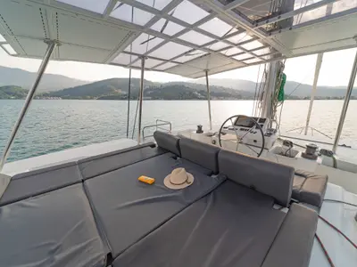 Cockpit of Andromeda, a Lagoon 50 catamaran at Municipal Unit of Lefkada, Greece
