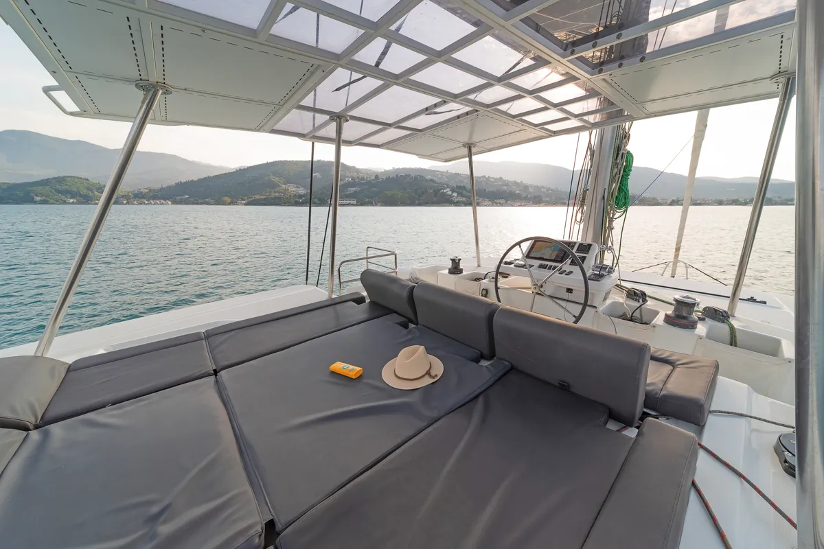 Cockpit of Andromeda, a Lagoon 50 catamaran at Municipal Unit of Lefkada, Greece