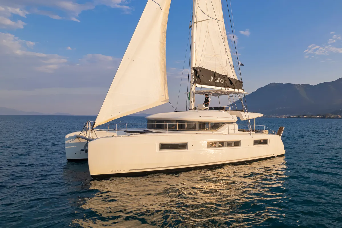 Exterior view of Andromeda, a Lagoon 50 catamaran at Municipal Unit of Lefkada, Greece