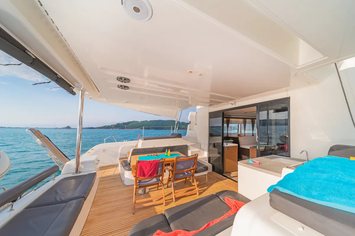 Deck of Andromeda, a Lagoon 50 catamaran at Municipal Unit of Lefkada, Greece