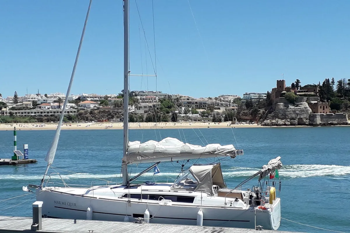 Exterior view of Mar Me Quer, a Dufour 360 Grand Large sailboat at Portimão, Portugal