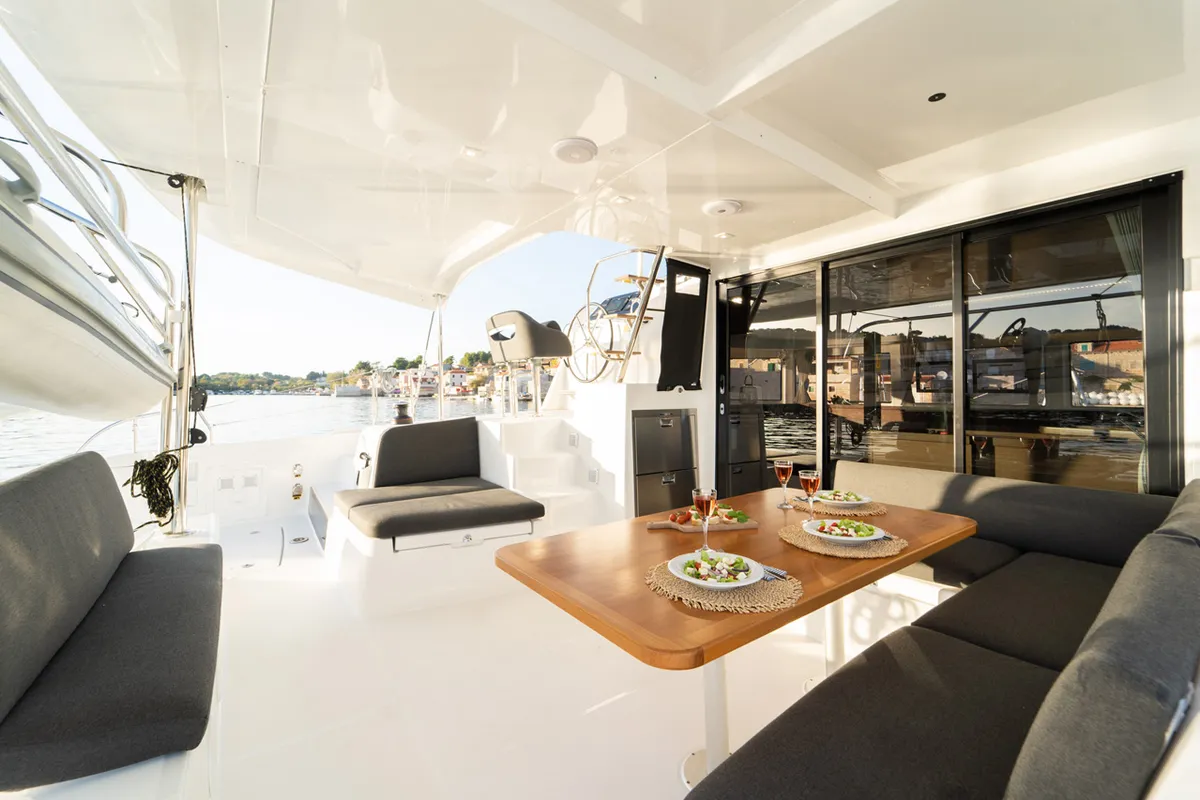 Deck of Woo Woo, a Lagoon 42 OW catamaran at Grad Šibenik, Croatia