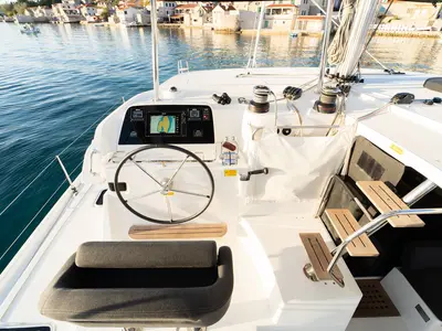Cockpit of Woo Woo, a Lagoon 42 OW catamaran at Grad Šibenik, Croatia