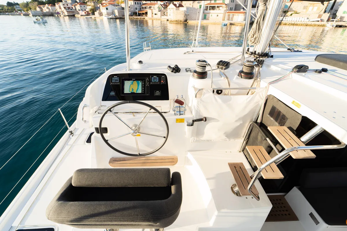 Cockpit of Woo Woo, a Lagoon 42 OW catamaran at Grad Šibenik, Croatia