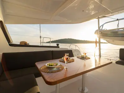 Deck of Woo Woo, a Lagoon 42 OW catamaran at Grad Šibenik, Croatia