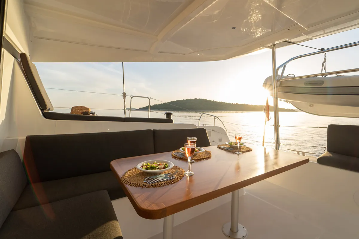 Deck of Woo Woo, a Lagoon 42 OW catamaran at Grad Šibenik, Croatia