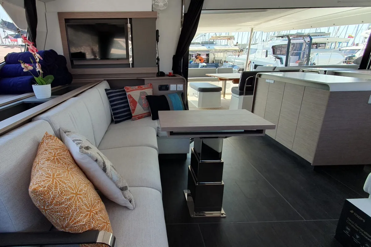 Salon of COSMOS, a Fountaine Pajot Aura 51 catamaran at Seget Donji, Croatia