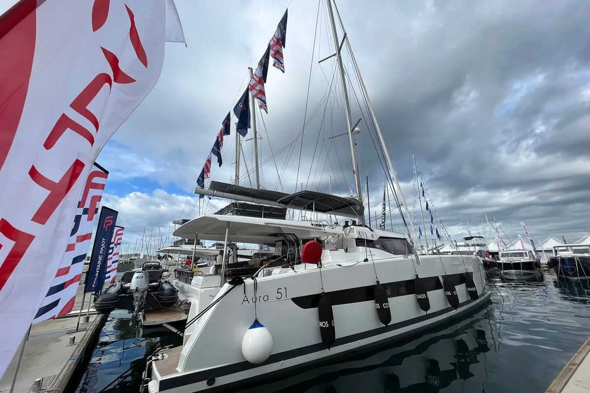 Exterior view of COSMOS, a Fountaine Pajot Aura 51 catamaran at Seget Donji, Croatia