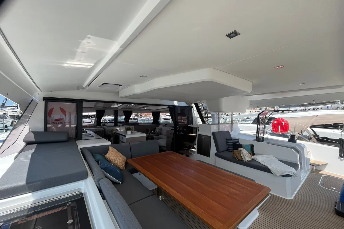 Deck of COSMOS, a Fountaine Pajot Aura 51 catamaran at Seget Donji, Croatia
