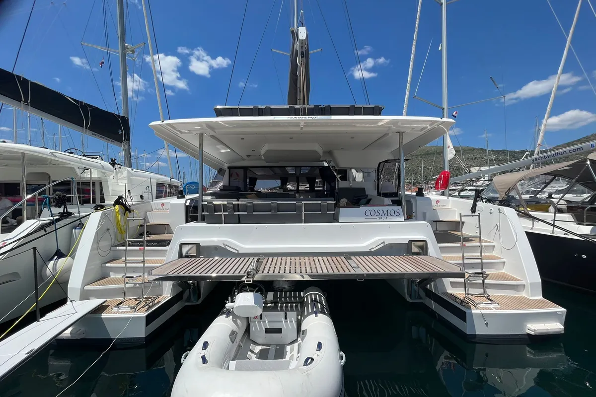 Exterior view of COSMOS, a Fountaine Pajot Aura 51 catamaran at Seget Donji, Croatia