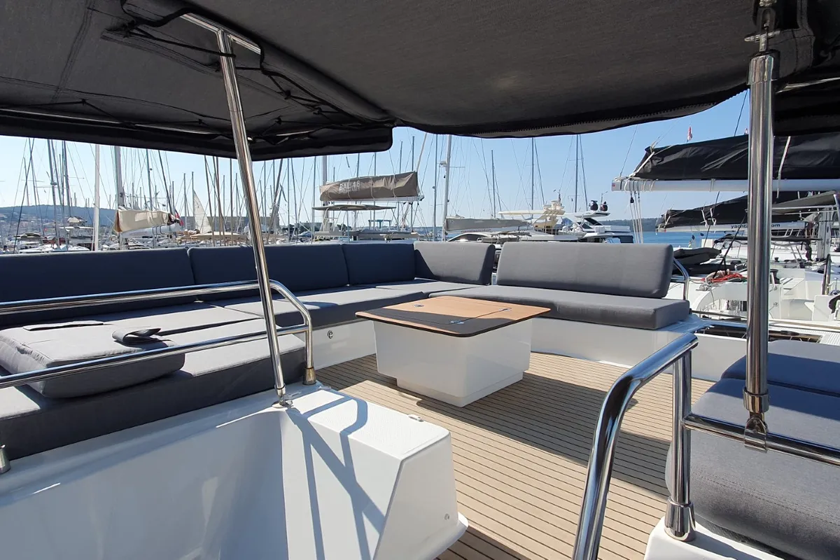 Deck of COSMOS, a Fountaine Pajot Aura 51 catamaran at Seget Donji, Croatia