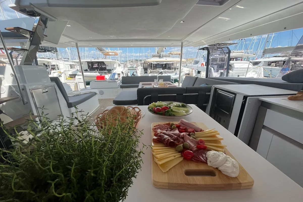 Deck of COSMOS, a Fountaine Pajot Aura 51 catamaran at Seget Donji, Croatia