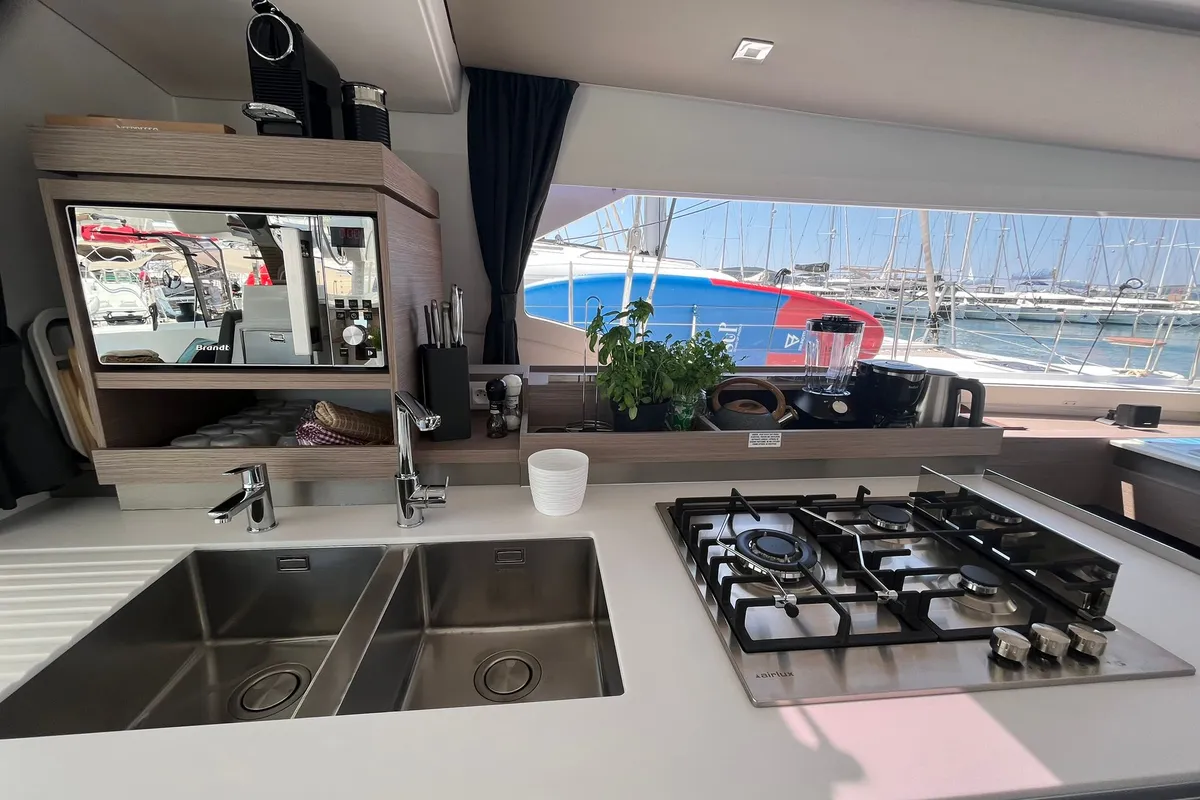 Galley of COSMOS, a Fountaine Pajot Aura 51 catamaran at Seget Donji, Croatia