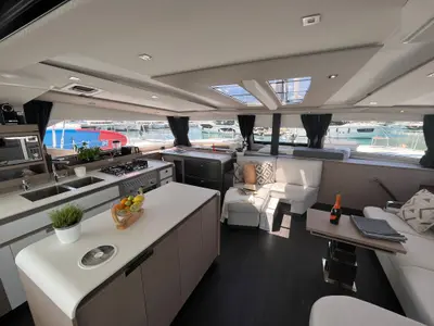 Salon of COSMOS, a Fountaine Pajot Aura 51 catamaran at Seget Donji, Croatia