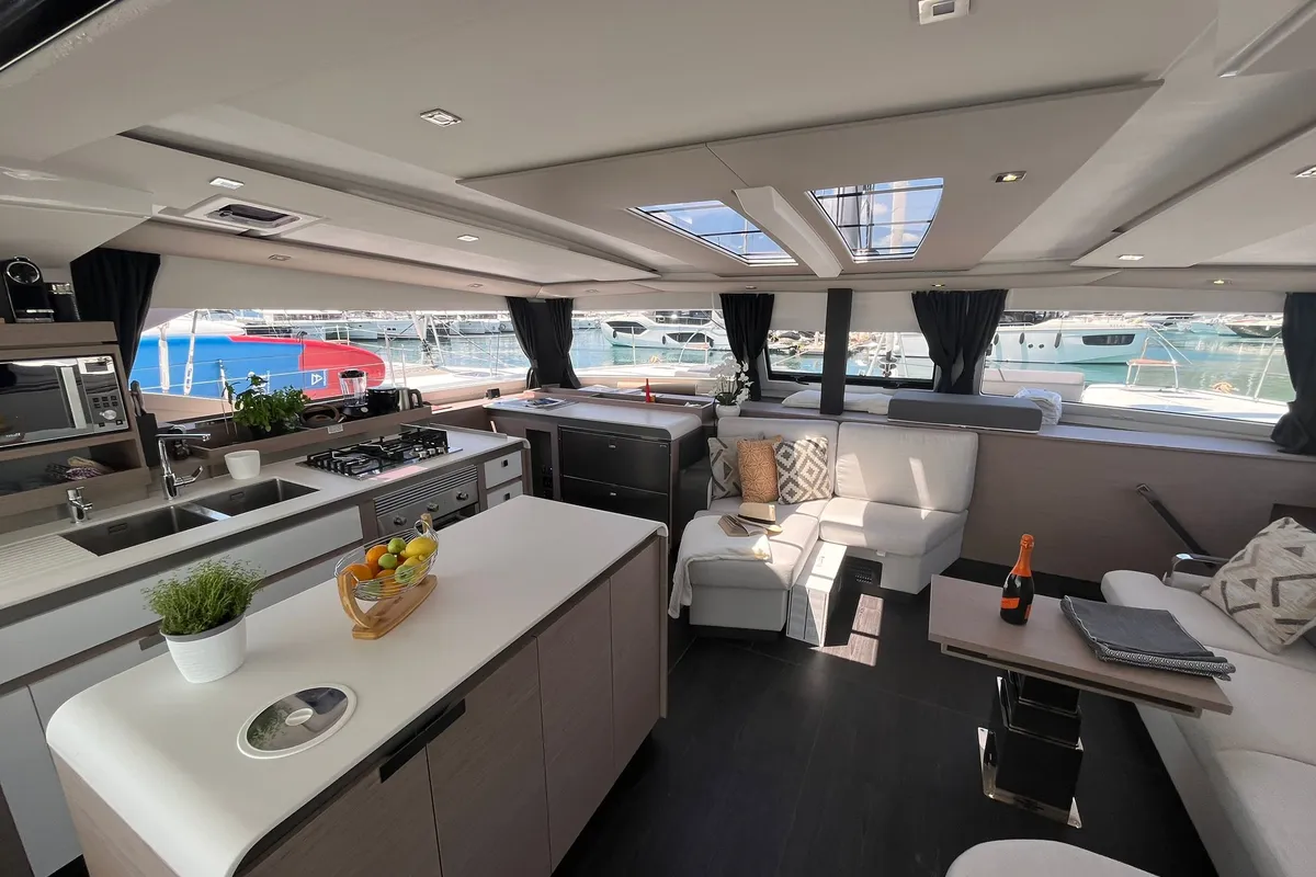 Salon of COSMOS, a Fountaine Pajot Aura 51 catamaran at Seget Donji, Croatia
