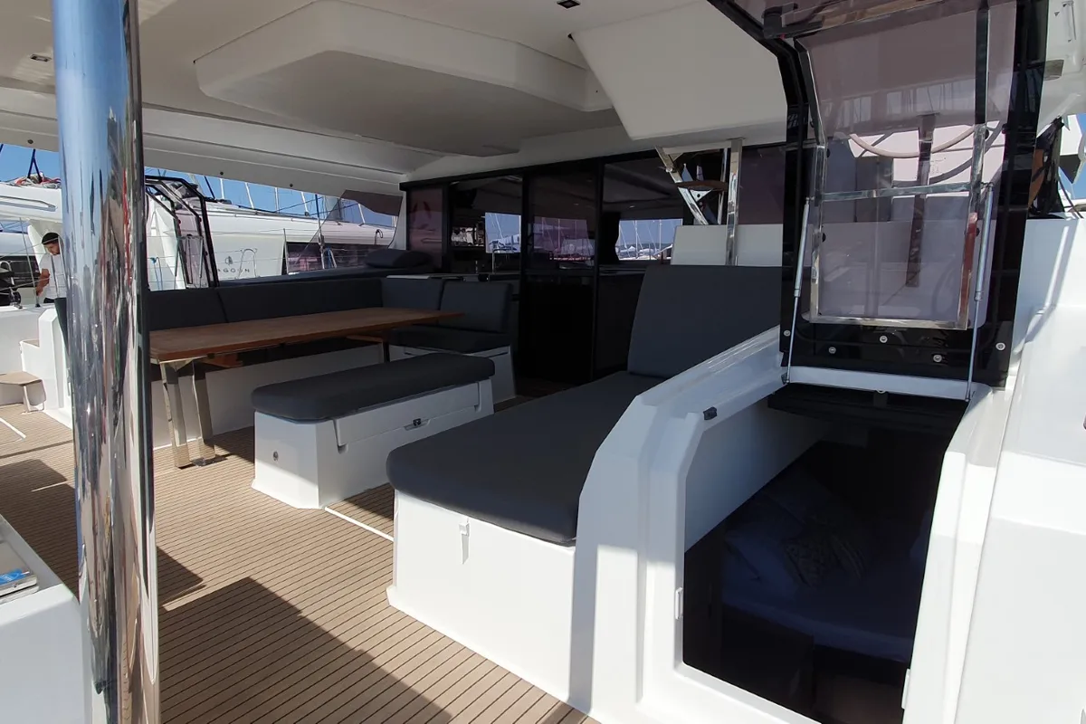 Deck of COSMOS, a Fountaine Pajot Aura 51 catamaran at Seget Donji, Croatia