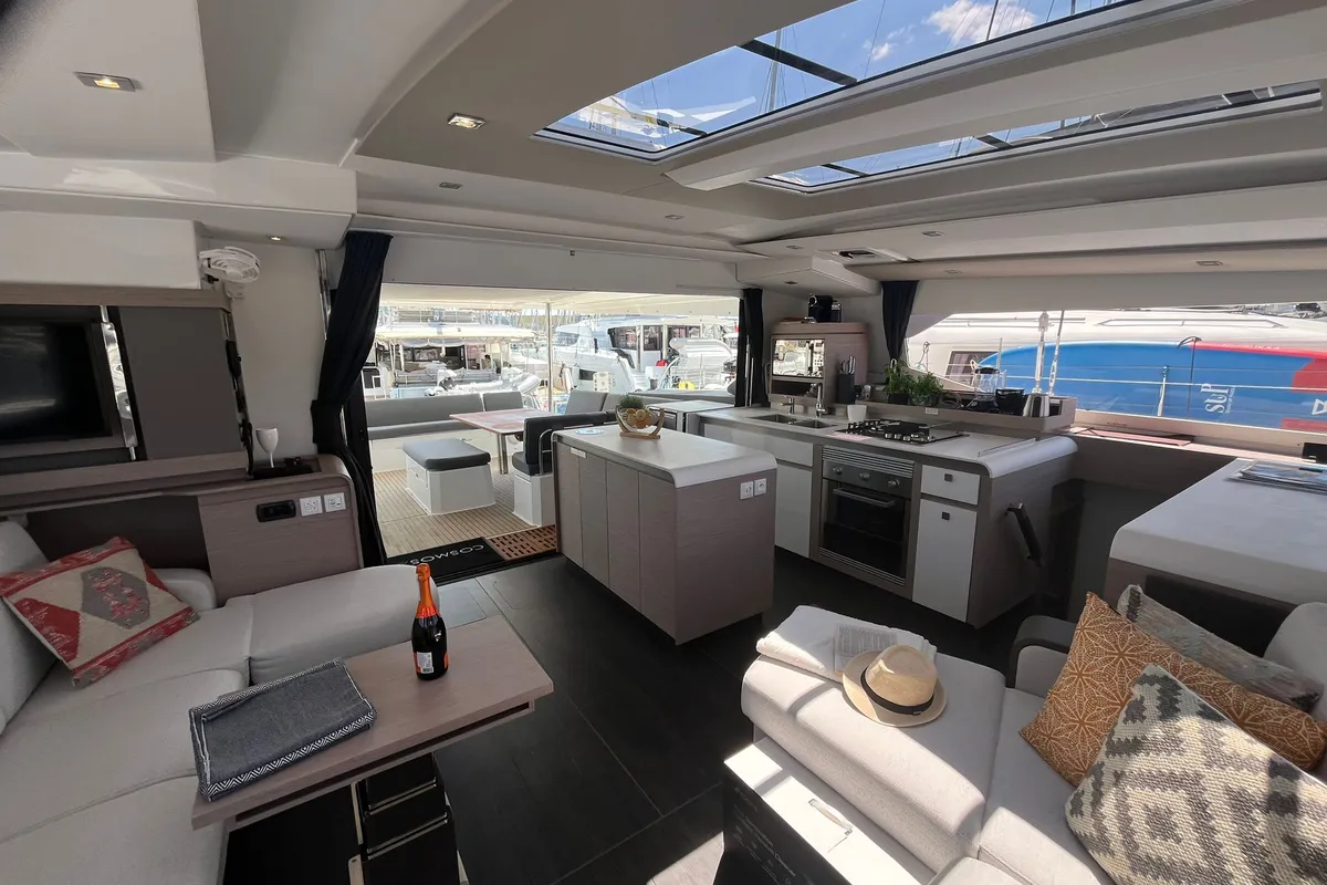 Salon of COSMOS, a Fountaine Pajot Aura 51 catamaran at Seget Donji, Croatia