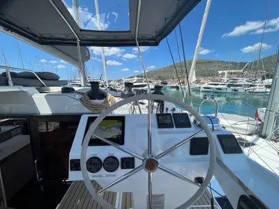 Cockpit of COSMOS, a Fountaine Pajot Aura 51 catamaran at Seget Donji, Croatia