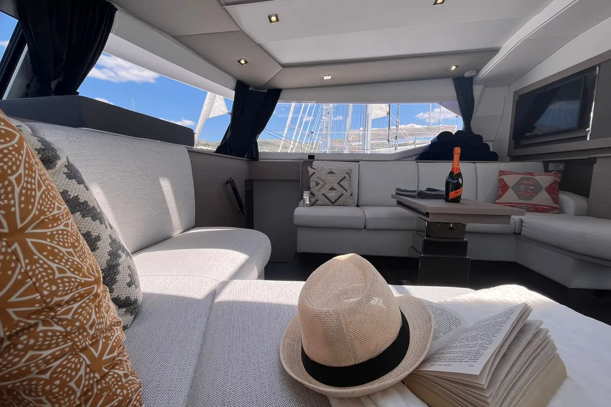 Salon of COSMOS, a Fountaine Pajot Aura 51 catamaran at Seget Donji, Croatia