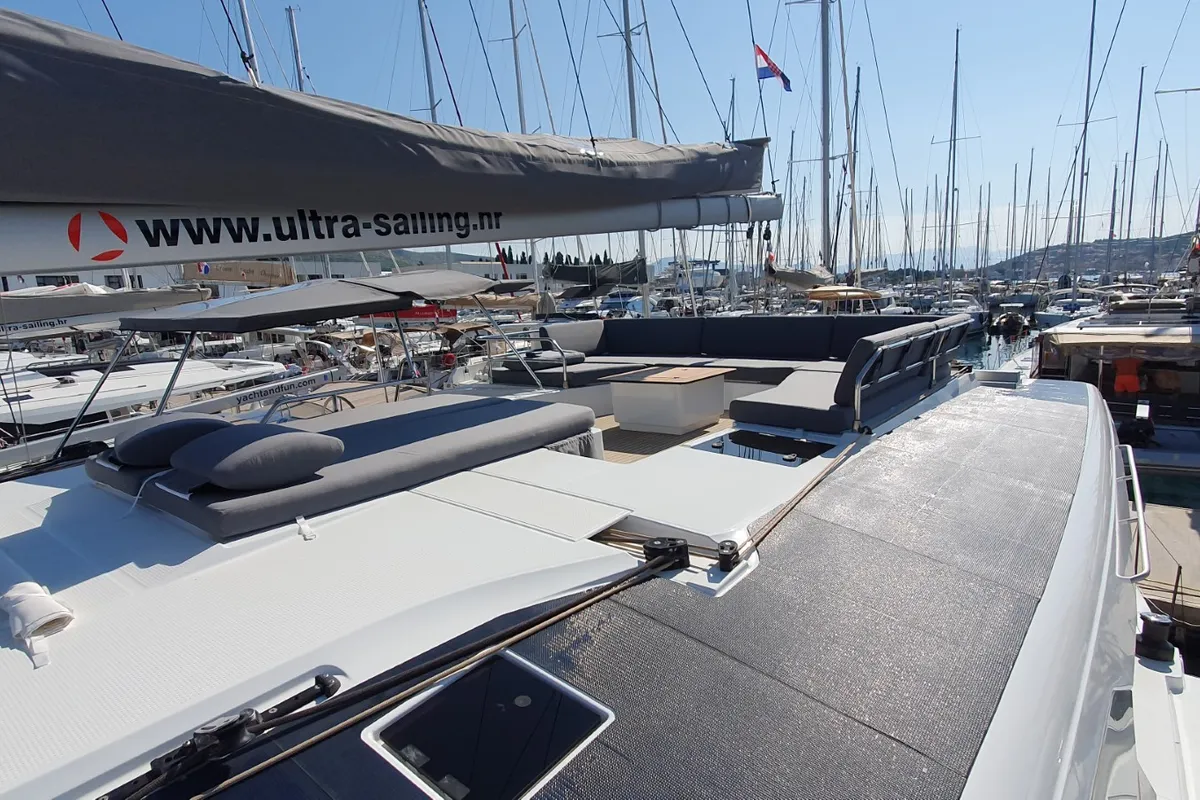 Deck of COSMOS, a Fountaine Pajot Aura 51 catamaran at Seget Donji, Croatia