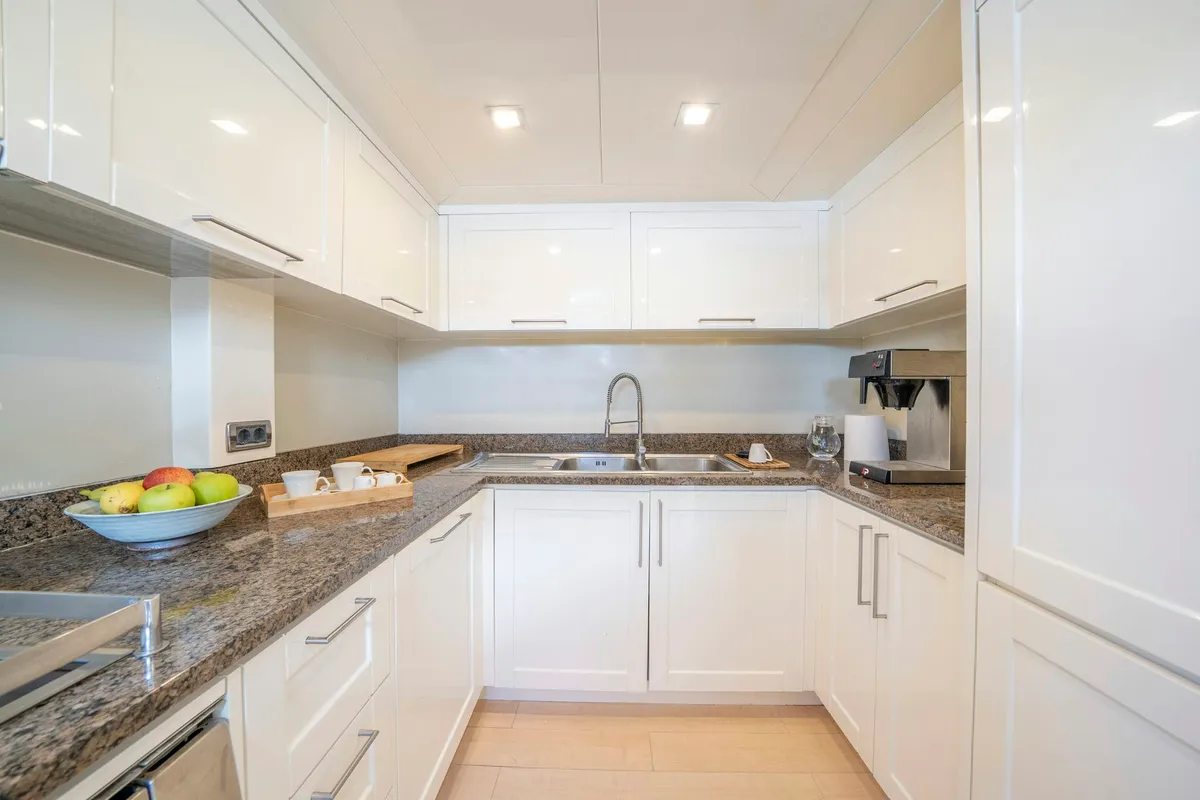 Galley of Sanref, a Falcon 115 motor yacht at Bodrum, Turkey