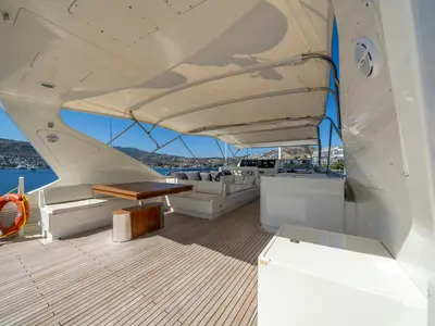 Deck of Sanref, a Falcon 115 motor yacht at Bodrum, Turkey