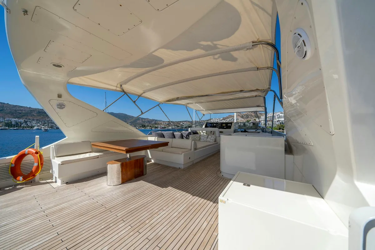 Deck of Sanref, a Falcon 115 motor yacht at Bodrum, Turkey