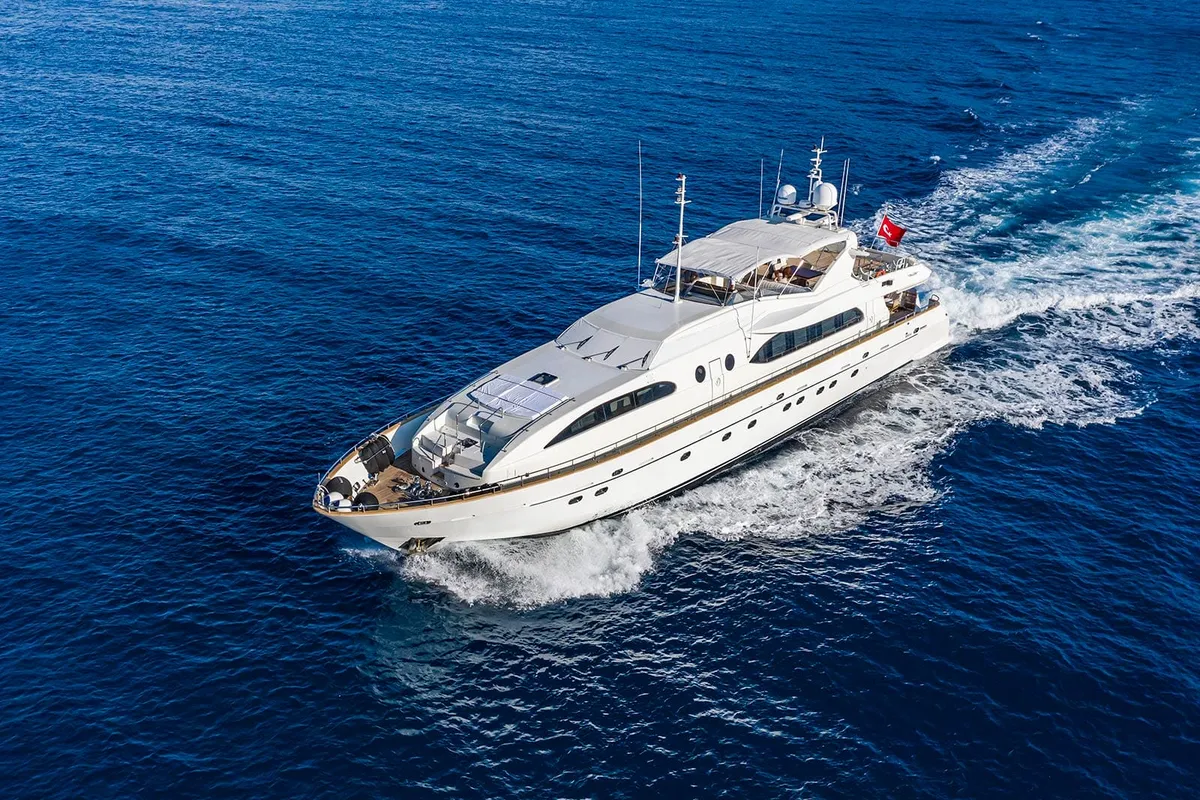 Exterior view of Sanref, a Falcon 115 motor yacht at Bodrum, Turkey