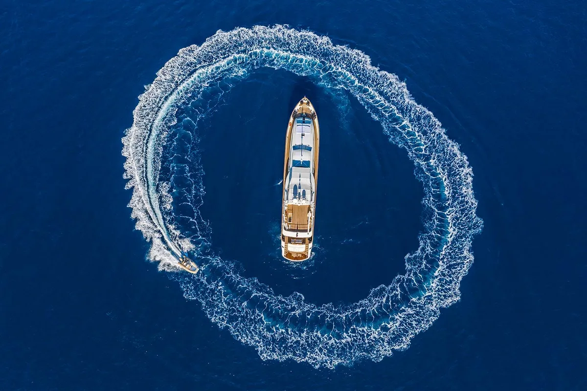 Exterior view of Sanref, a Falcon 115 motor yacht at Bodrum, Turkey