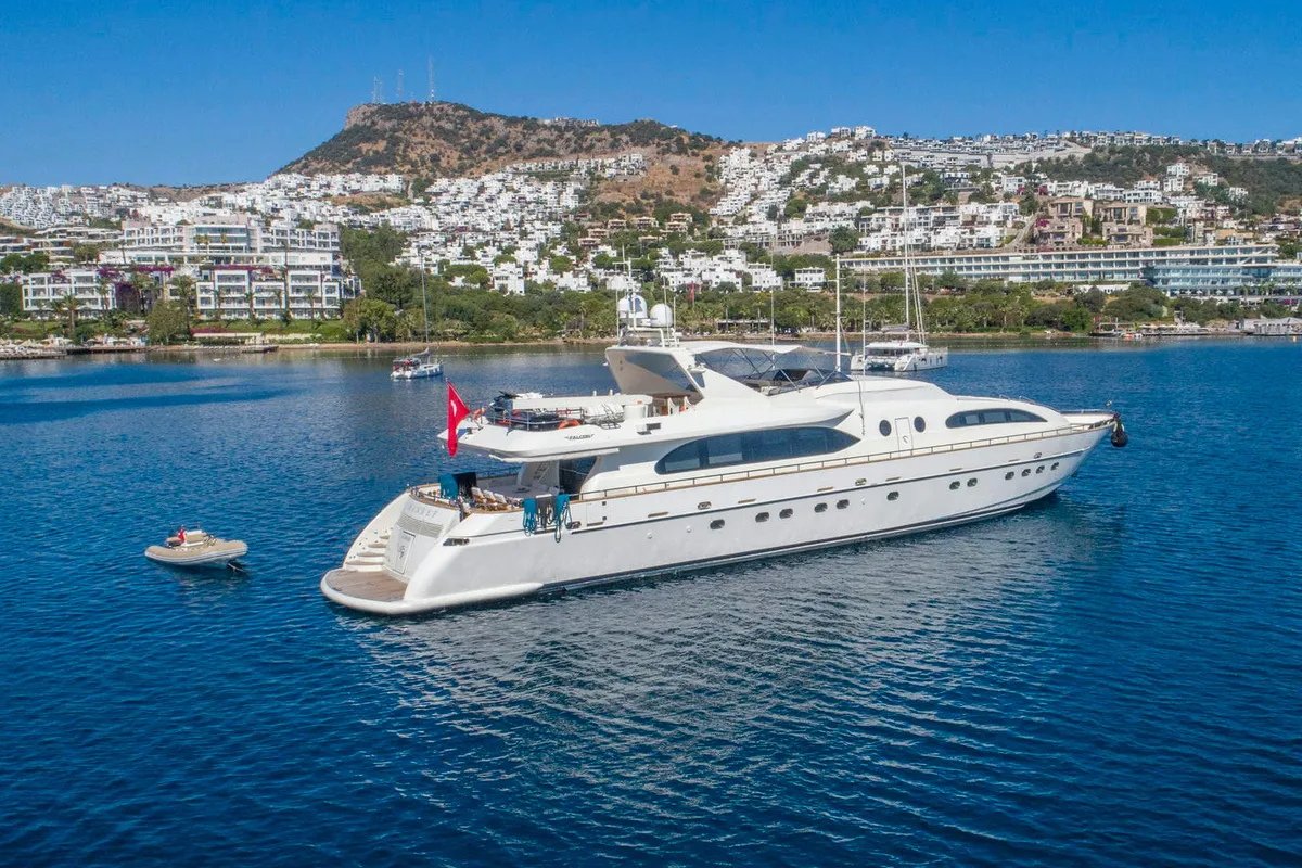 Exterior view of Sanref, a Falcon 115 motor yacht at Bodrum, Turkey