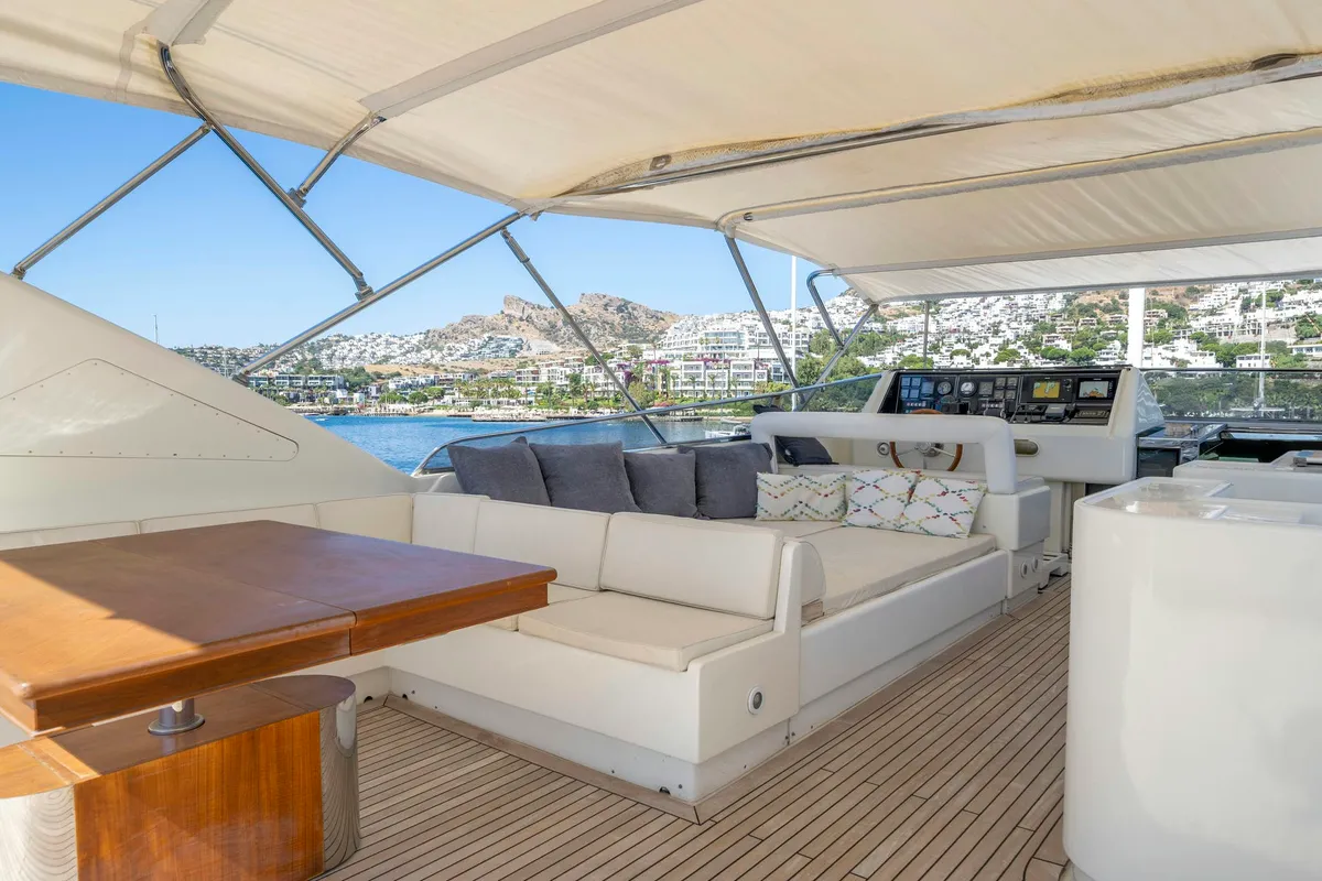 Deck of Sanref, a Falcon 115 motor yacht at Bodrum, Turkey
