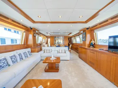 Salon of Sanref, a Falcon 115 motor yacht at Bodrum, Turkey