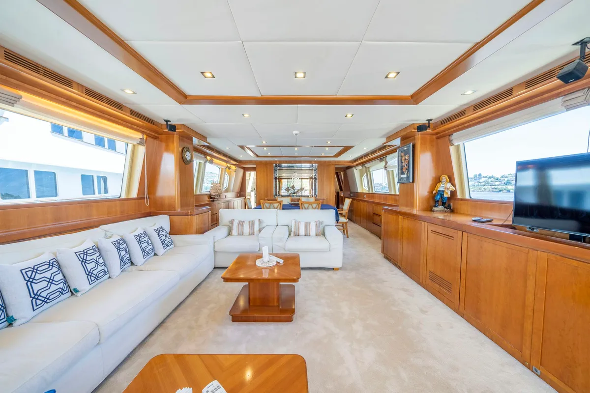 Salon of Sanref, a Falcon 115 motor yacht at Bodrum, Turkey