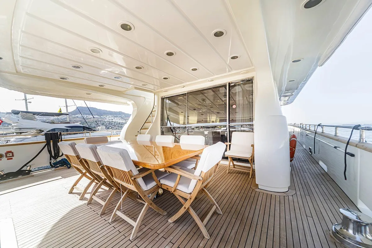 Deck of Sanref, a Falcon 115 motor yacht at Bodrum, Turkey