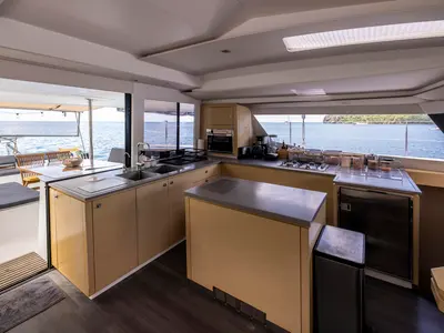 Galley of Purpose, a Fountaine Pajot Saba 50 catamaran at Simpson Bay, Sint Maarten