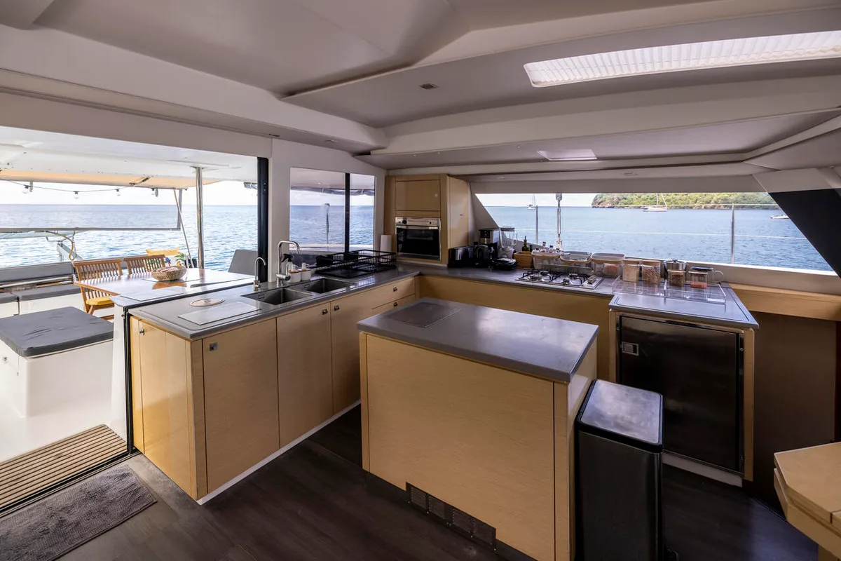 Galley of Purpose, a Fountaine Pajot Saba 50 catamaran at Simpson Bay, Sint Maarten