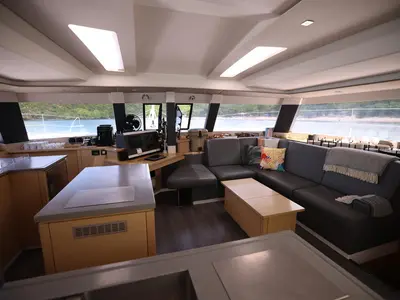 Salon of Purpose, a Fountaine Pajot Saba 50 catamaran at Simpson Bay, Sint Maarten