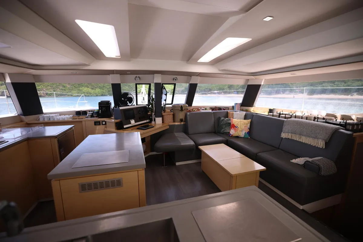 Salon of Purpose, a Fountaine Pajot Saba 50 catamaran at Simpson Bay, Sint Maarten