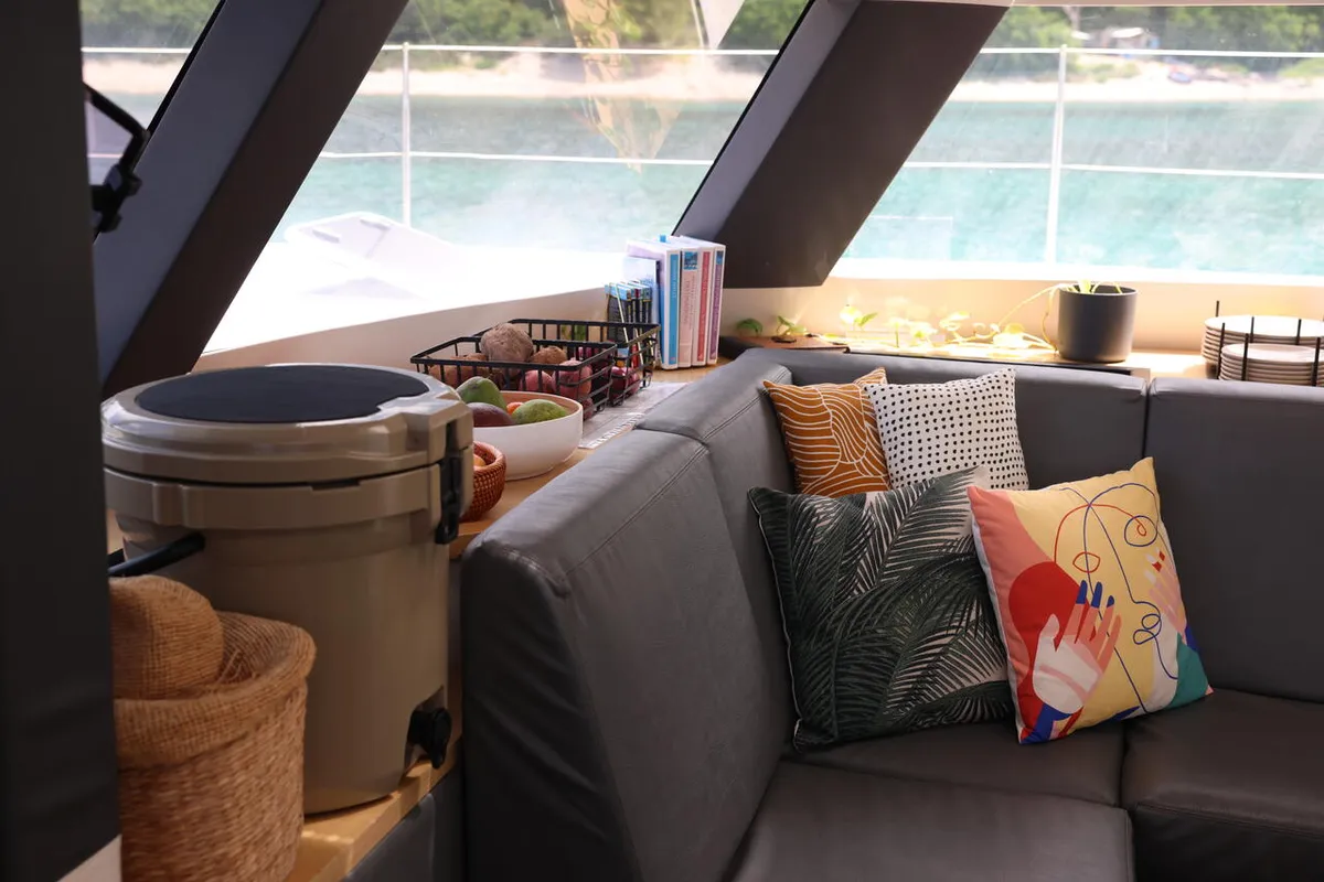 Salon of Purpose, a Fountaine Pajot Saba 50 catamaran at Simpson Bay, Sint Maarten