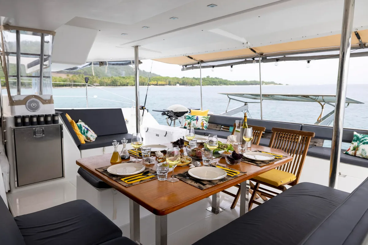 Deck of Purpose, a Fountaine Pajot Saba 50 catamaran at Simpson Bay, Sint Maarten