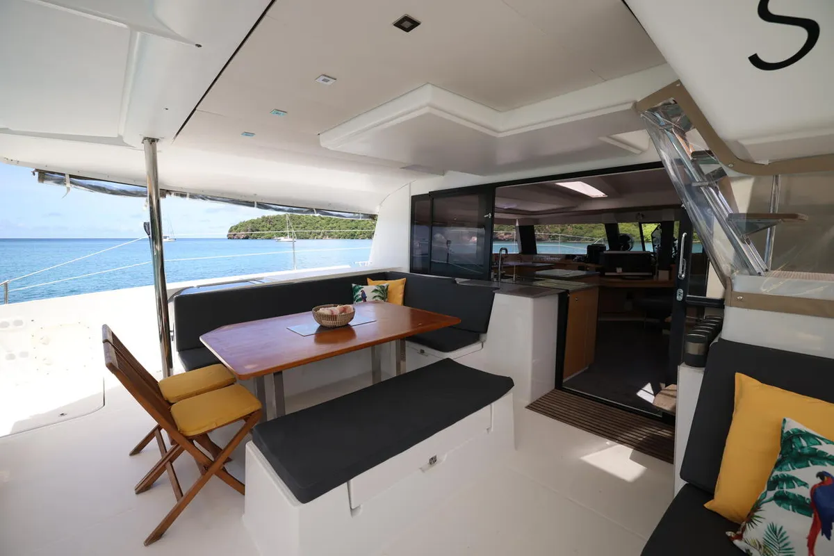 Deck of Purpose, a Fountaine Pajot Saba 50 catamaran at Simpson Bay, Sint Maarten