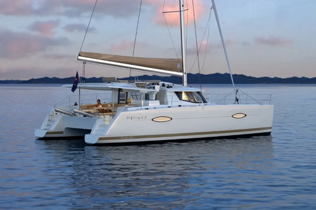 Exterior view of Lycia, a Fountaine Pajot Helia 44 catamaran at Fethiye, Turkey