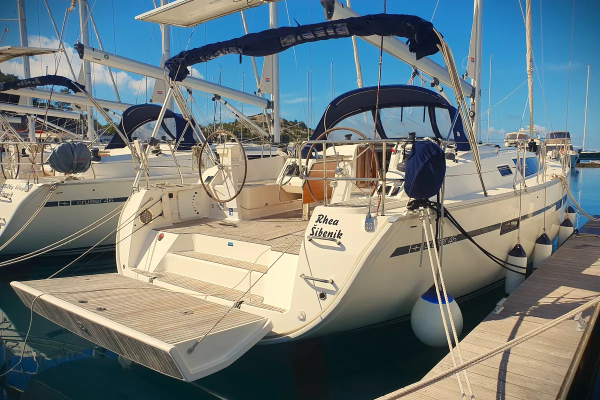 Exterior view of Rhea, a Bavaria Cruiser 46 sailboat at Općina Pakoštane, Croatia