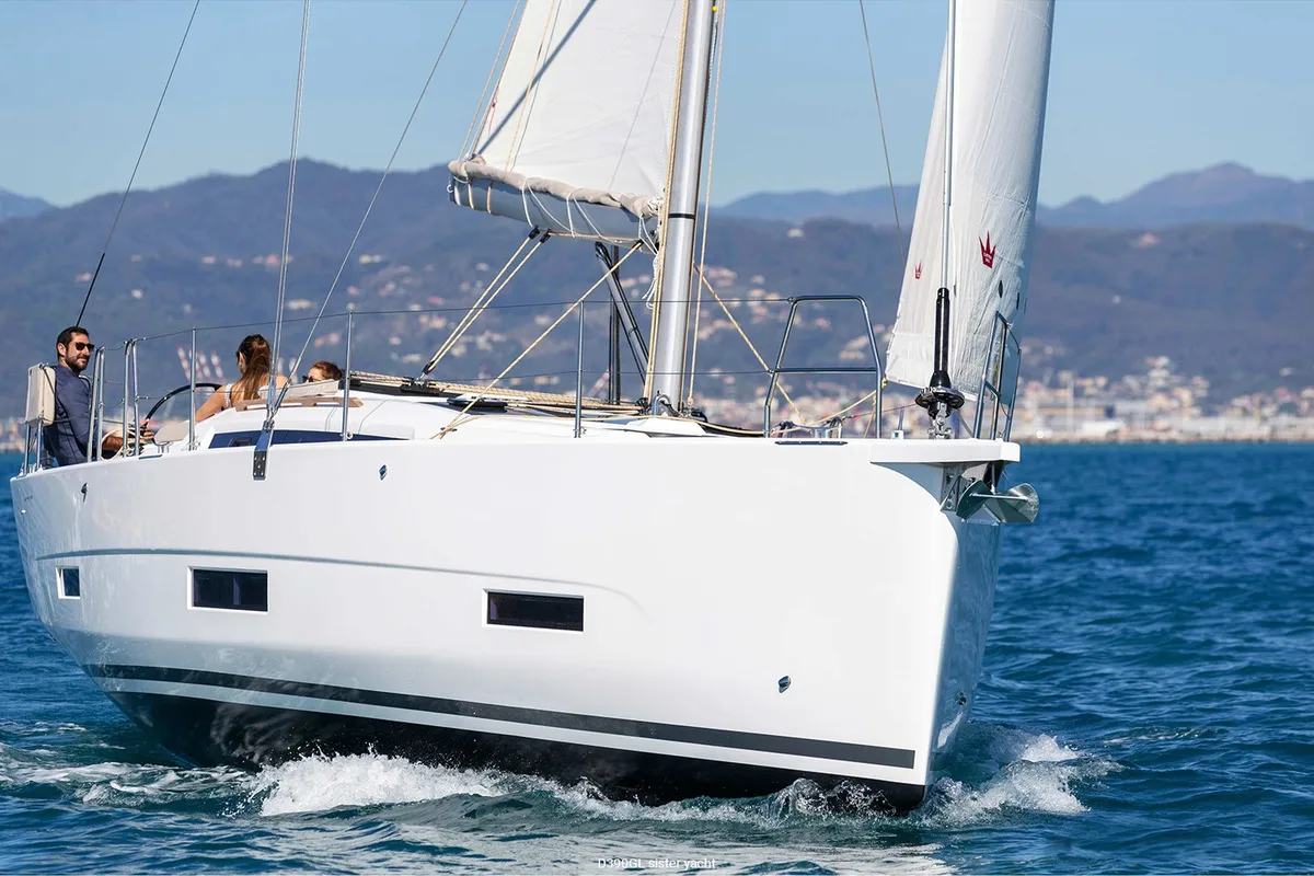 Exterior view of Easy Living, a Dufour 390 sailboat at Municipal Unit of Lefkada, Greece