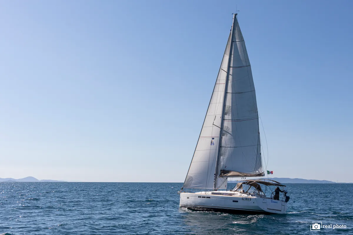 Exterior view of Bianca - Water maker, Solar Panel, a Jeanneau Sun Odyssey 519 sailboat at Puntone di Scarlino, Italy