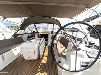 Cockpit of Bianca - Water maker, Solar Panel, a Jeanneau Sun Odyssey 519 sailboat at Puntone di Scarlino, Italy